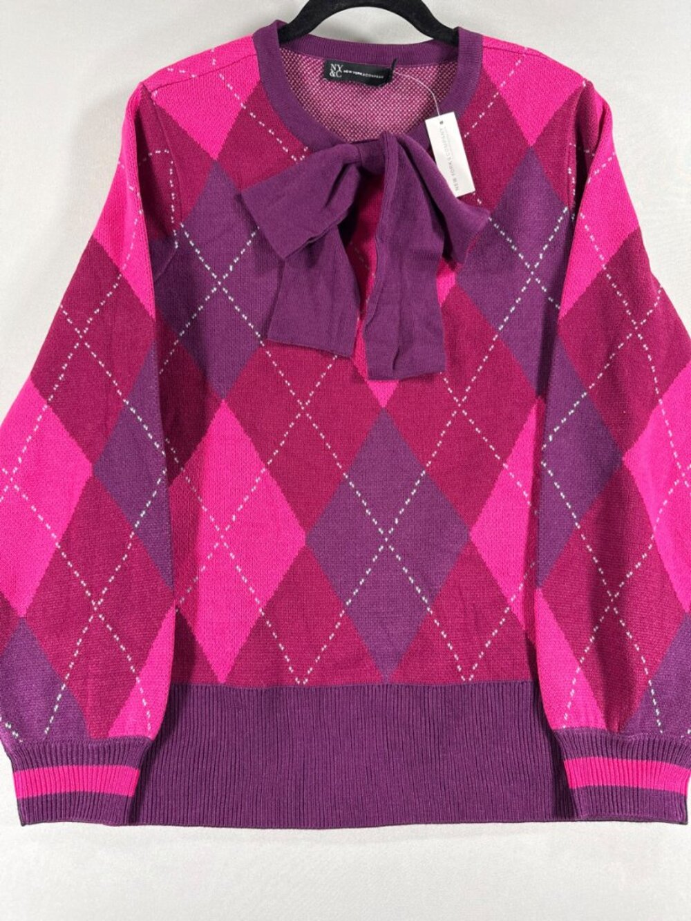 NWT New York & Company Argyle Bow Sweater Large Pink Purple Preppy